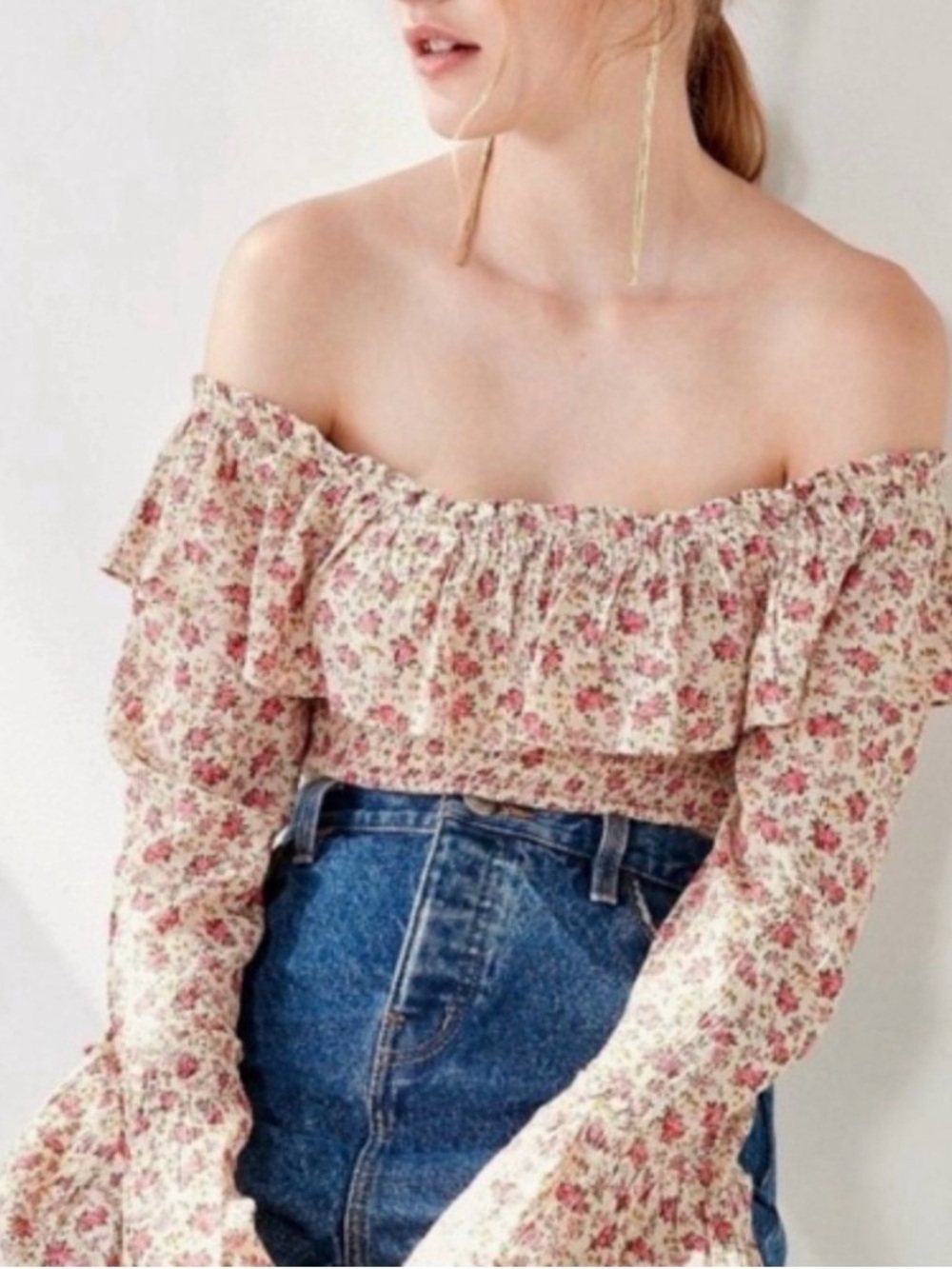 Kimchi Blue Floral Smocked Ruffle Crop Top - Prairie Milkmaid Cottagecore Sz S
